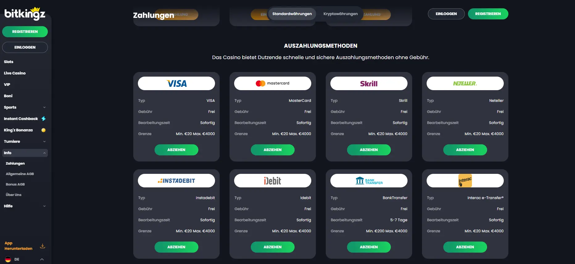 Anzeige der Auszahlungsmethoden bei Bitkingz Casino wie Visa, Mastercard, Skrill und Neteller.