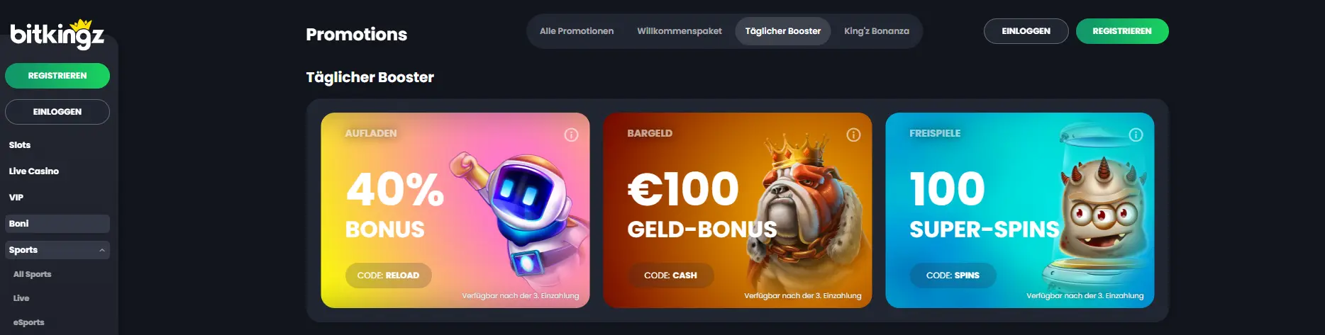Die täglichen Booster-Aktionen bei Bitkingz Casino mit verschiedenen Bonusangeboten für Spieler.
