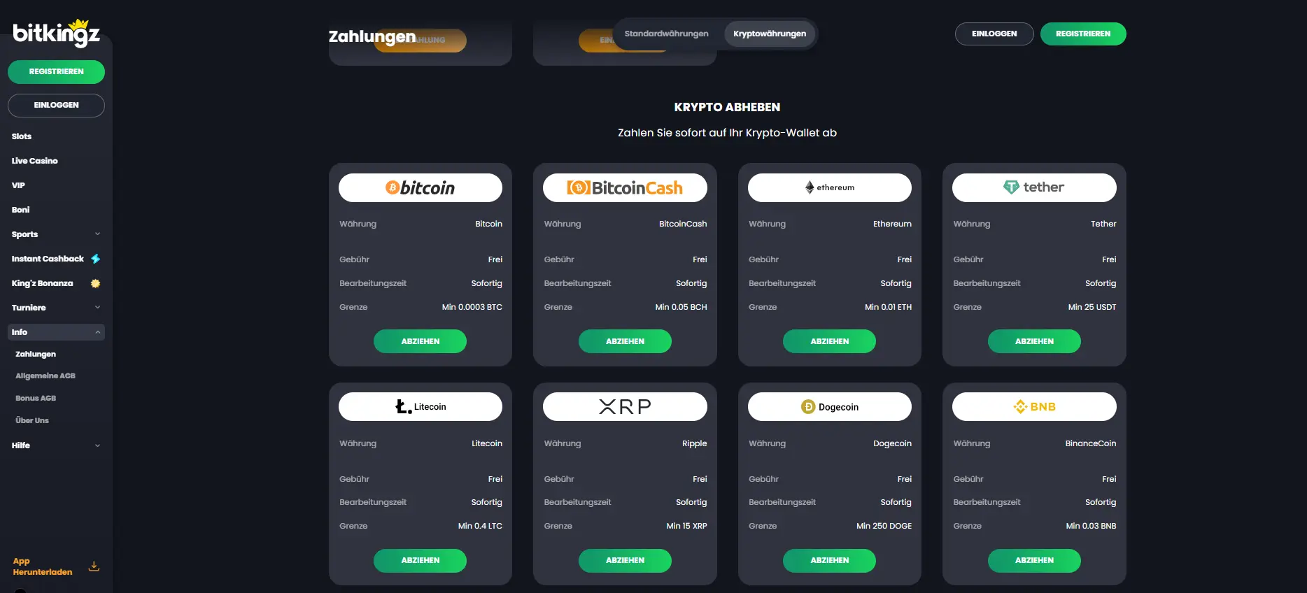 Optionen für Krypto-Auszahlungen bei Bitkingz Casino mit Bitcoin, Ethereum und anderen Coins.