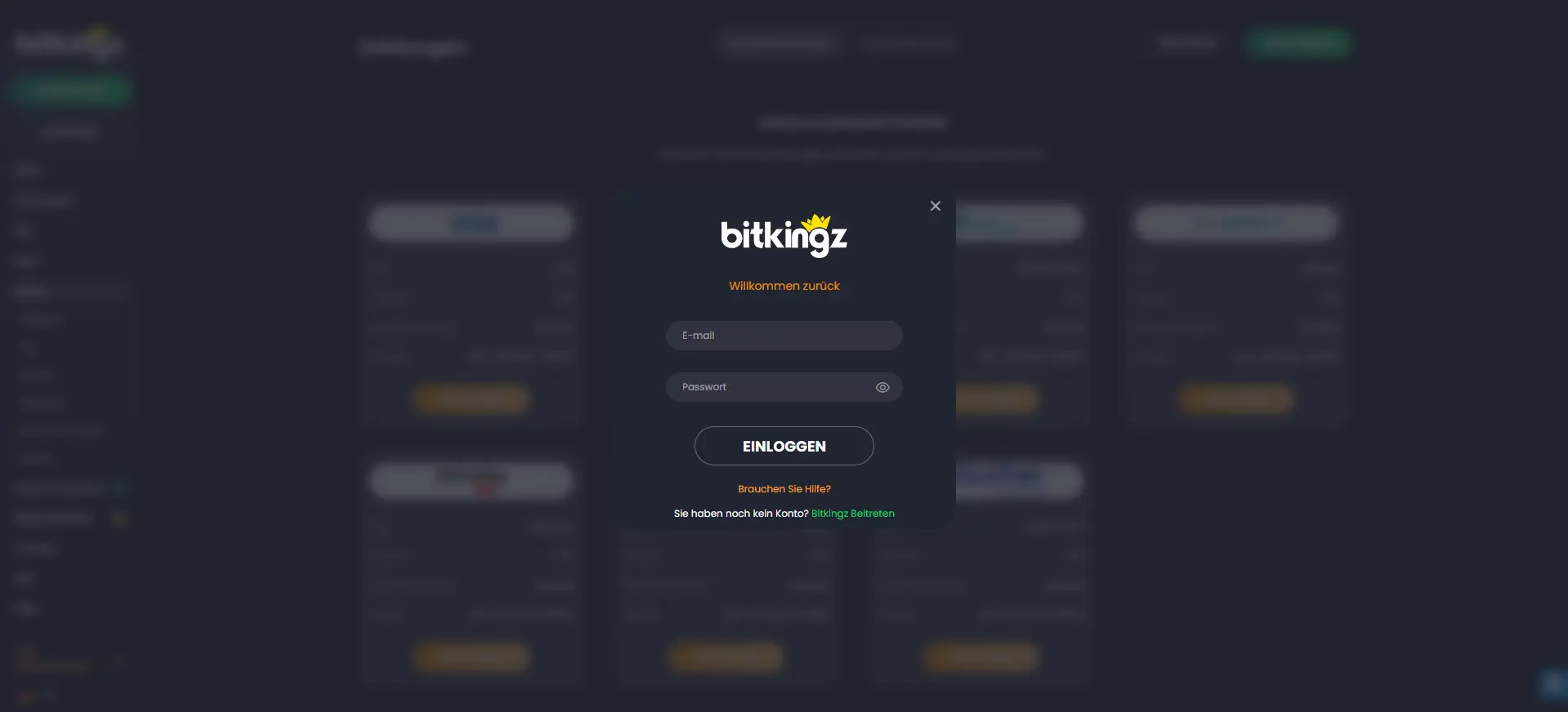 Das Anmeldefenster von Bitkingz Casino für Spieler, um sich in ihr persönliches Konto einzuloggen.