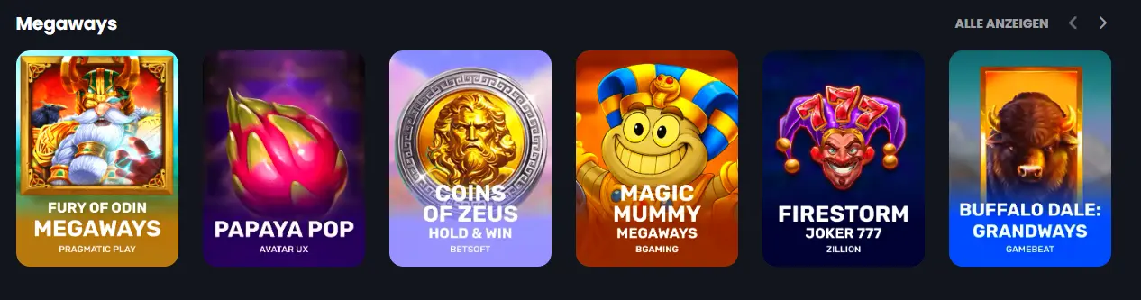 Auswahl an beliebten Megaways-Spielautomaten im Bitkingz Casino für abwechslungsreiches Gaming.
