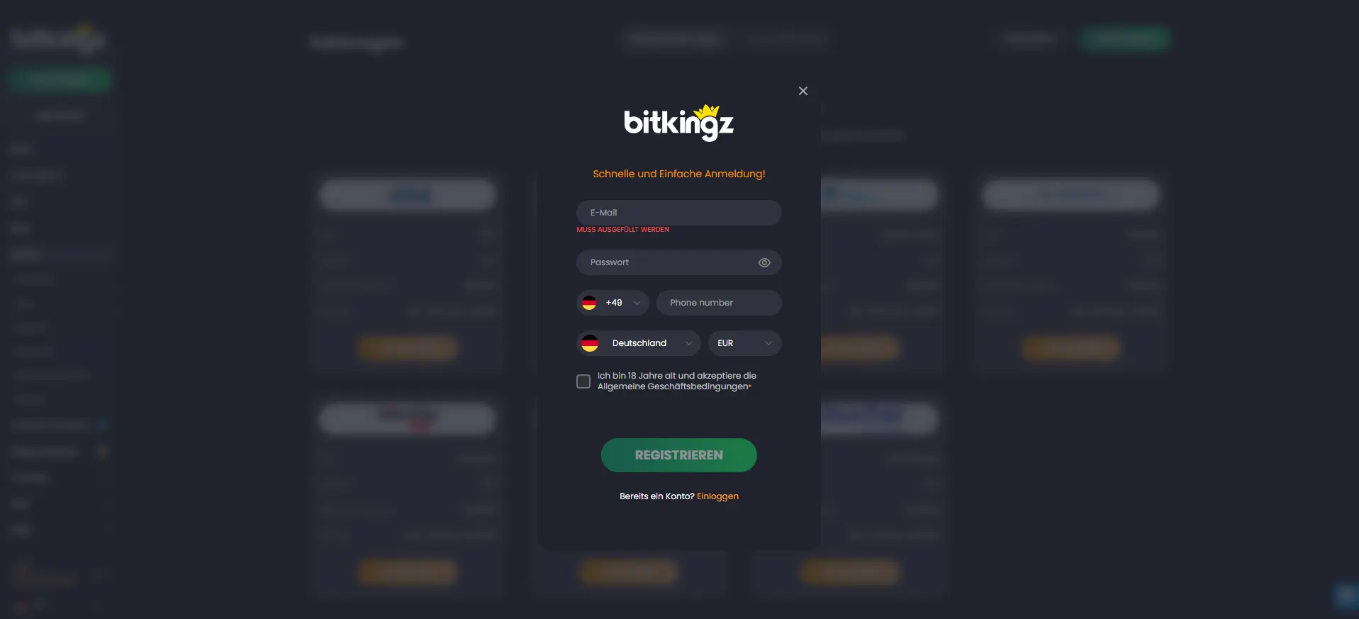 Das Registrierungsfenster von Bitkingz Casino für die schnelle Erstellung eines Spieler-Kontos.