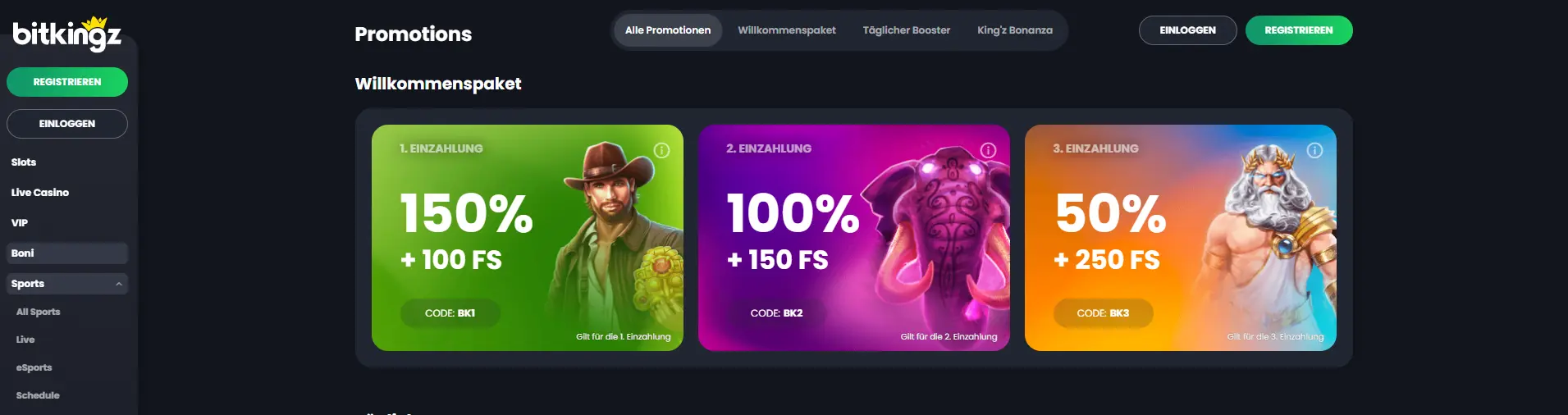 Das dreistufige Bitkingz Casino Willkommenspaket mit Bonusangeboten für die ersten drei Einzahlungen.
