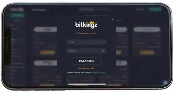Het inlogscherm van Bitkingz casino op een telefoon voor spelers om in te loggen en te spelen.