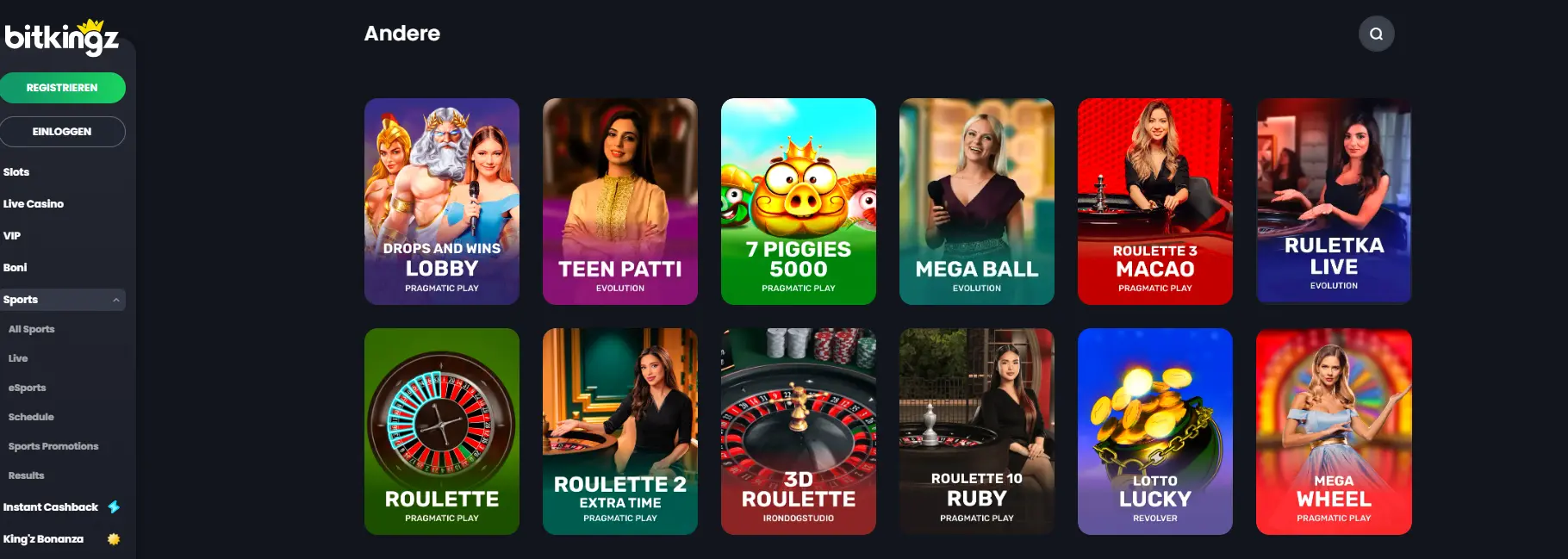Übersicht verschiedener Casinospiele wie Roulette und Tischspiele in der Bitkingz Spielbibliothek.