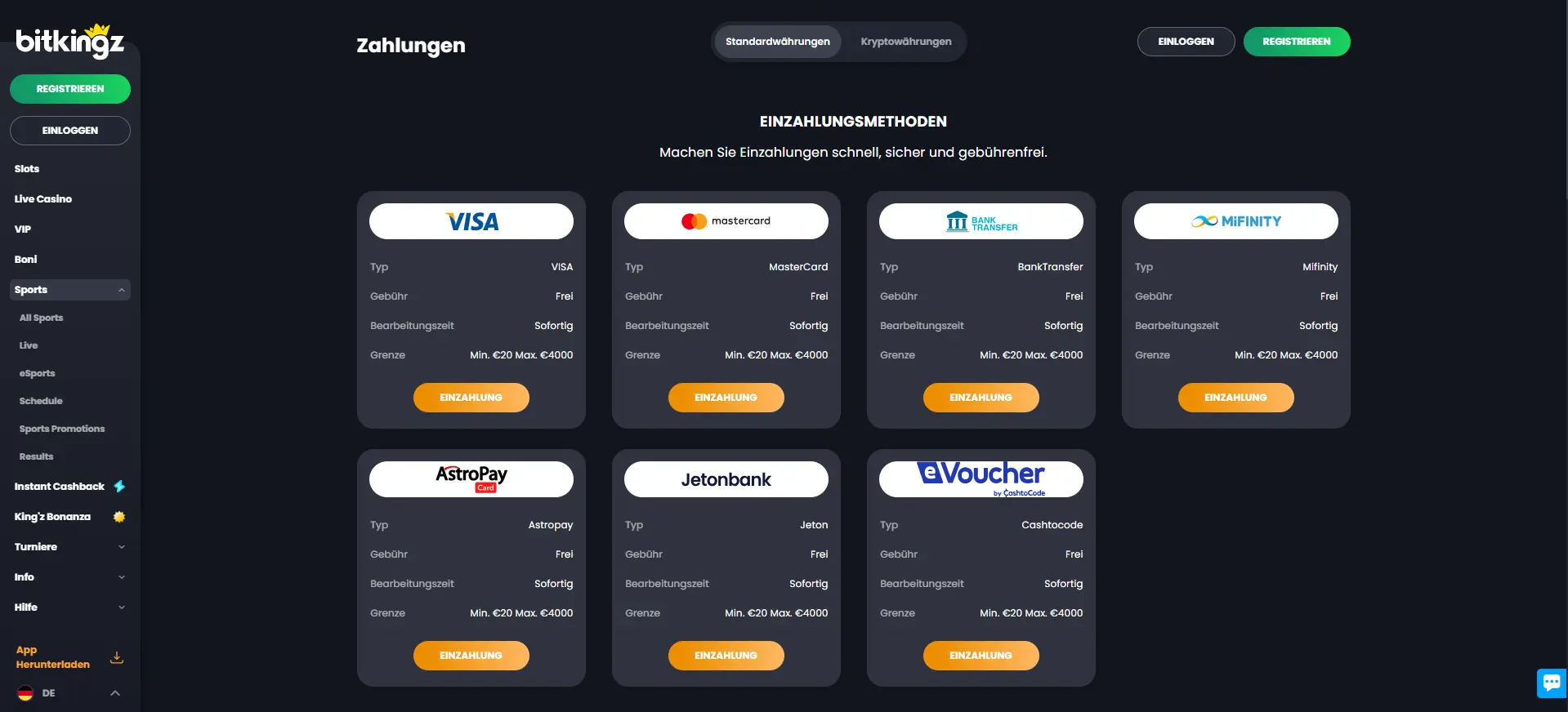 Verfügbare Einzahlungsmethoden bei Bitkingz Casino wie Visa, Mastercard und Banküberweisung.