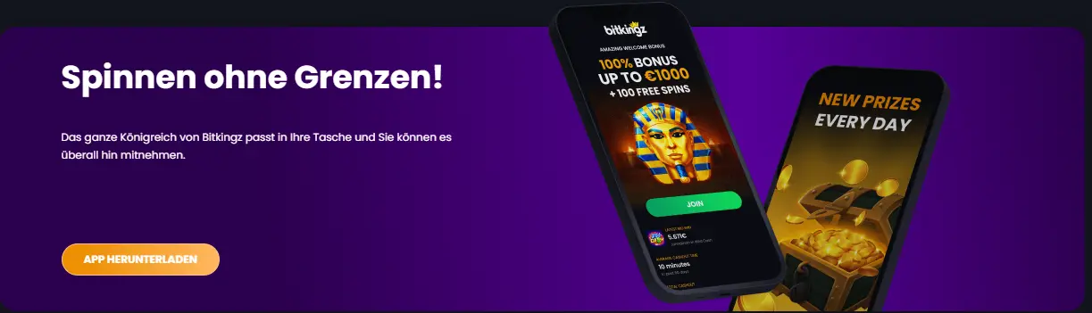 Werbebanner für die Bitkingz Casino App mit Smartphones und einem Button zum Herunterladen.