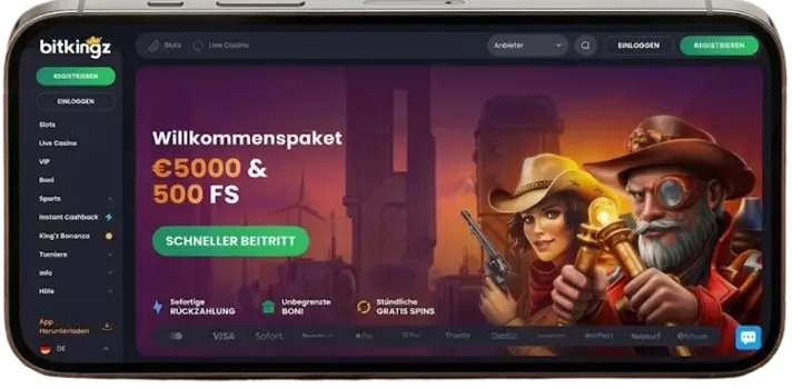 De Bitkingz casino mobiele interface op een telefoon met een welkomstbonus en een 'snel lid worden' knop voor spelers.
