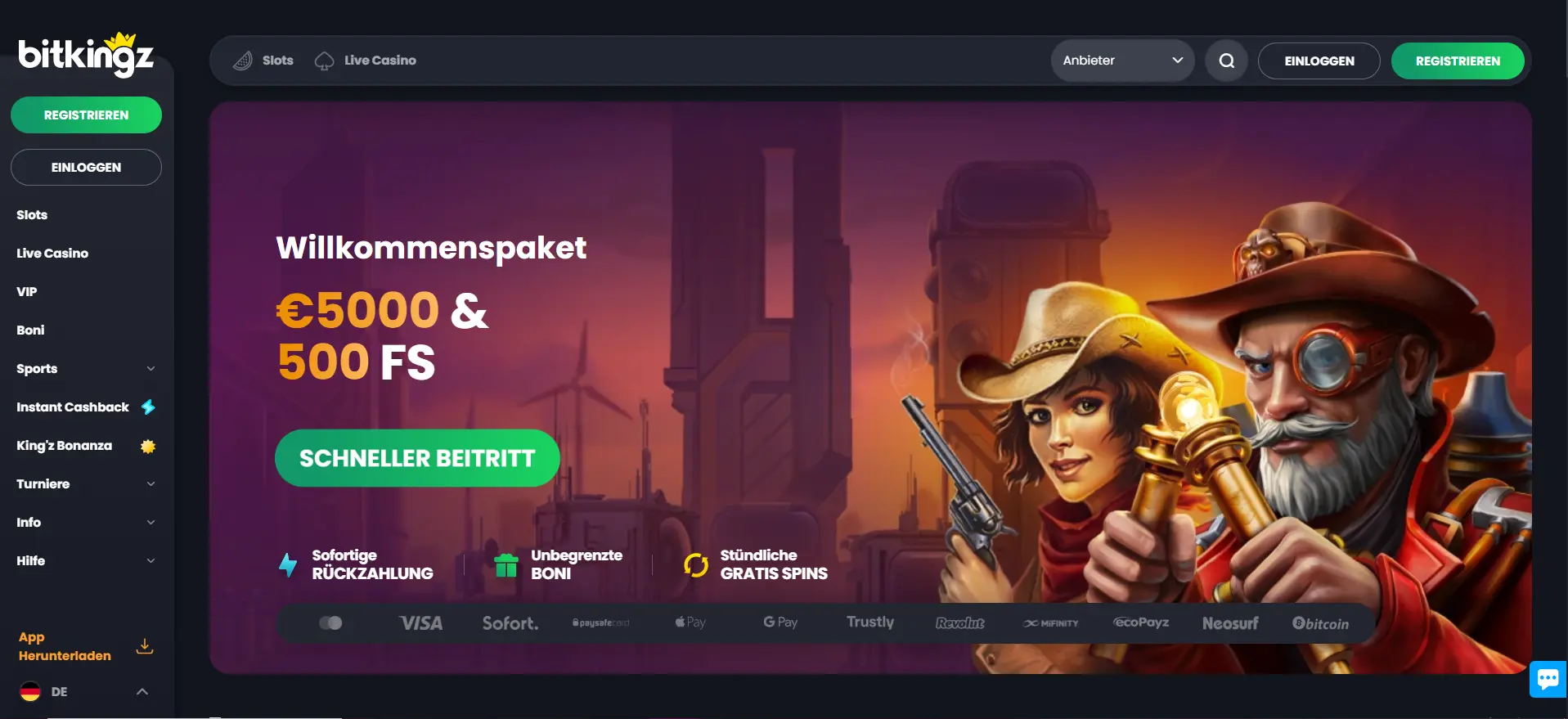 Deutsche Startseite von Bitkingz Casino mit einem Willkommenspaket von 5000€ und 500 Freispielen für Spieler.