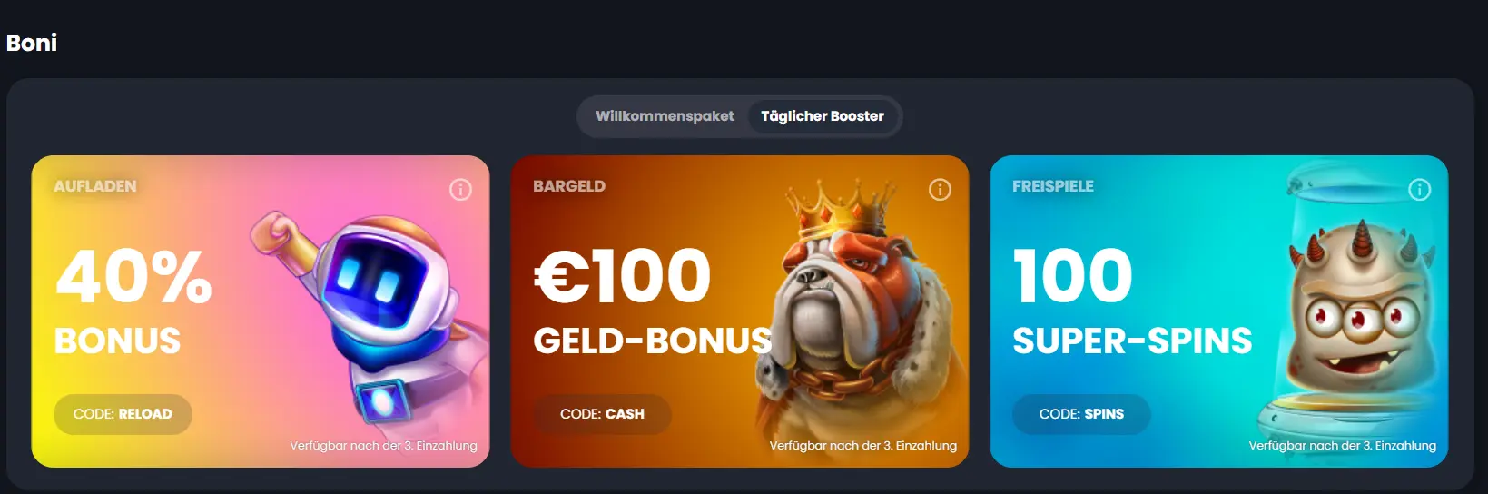 Übersicht der Bitkingz Casino Boni inklusive Reload-Bonus, Geld-Bonus und Super-Spins-Aktionen.