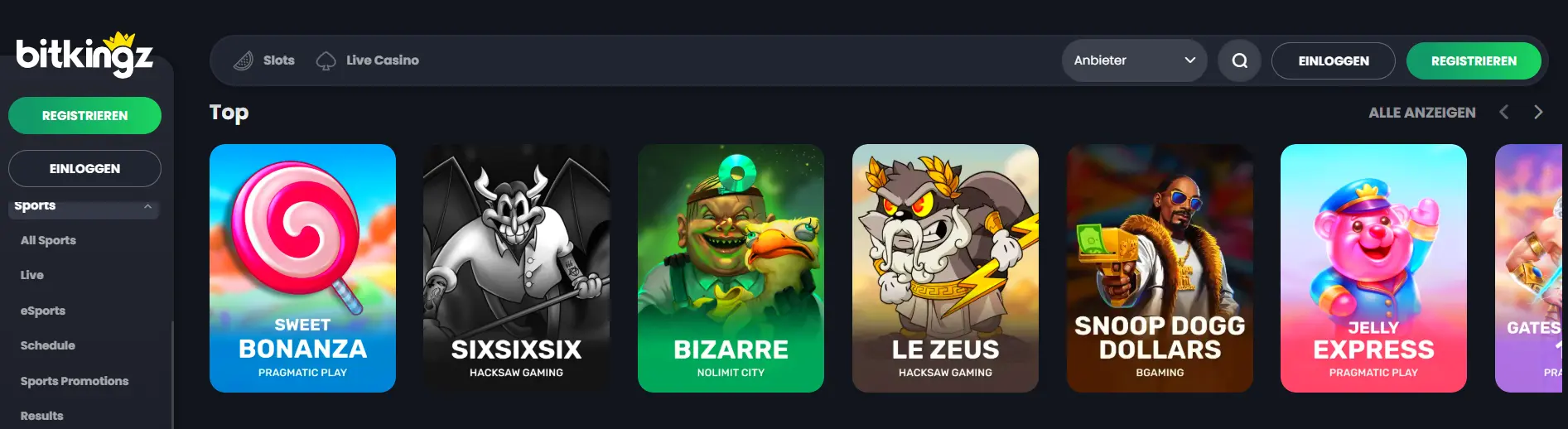 Auswahl an Top-Slots bei Bitkingz Casino wie Sweet Bonanza und Snoop Dogg Dollars für Spieler.