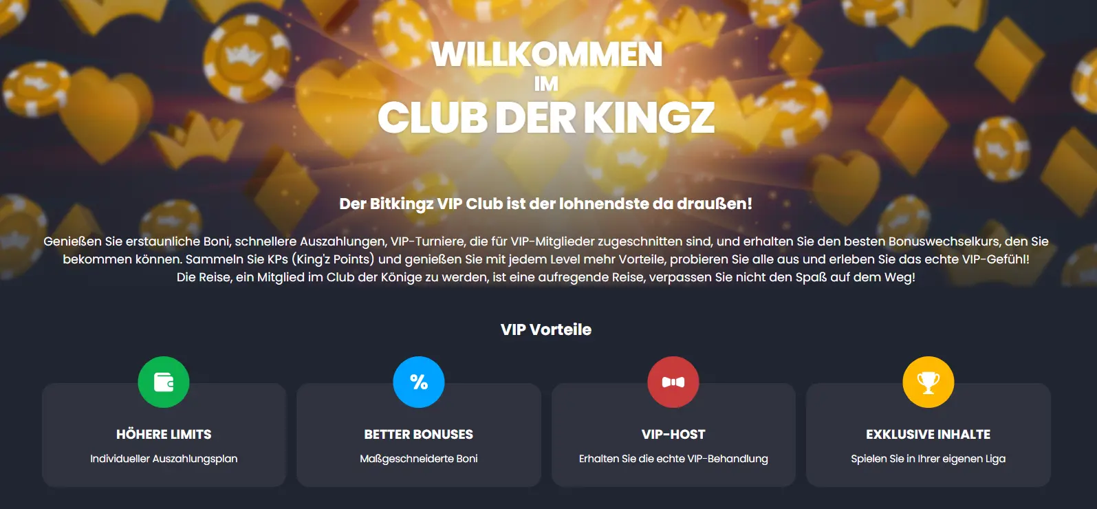Der Club der Kingz VIP-Bereich von Bitkingz Casino mit exklusiven Vorteilen für loyale Spieler.